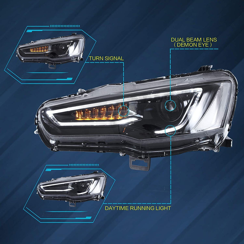 VLAND Black LED Headlights + Taillights Combo For Mitsubishi Lancer & EVO X 2008-2017 – Audi Style, Plug & Play, DOT/SAE