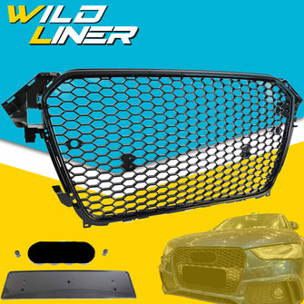 RS4 Style Gloss Black Honeycomb Front Grille For Audi A4 S4 B8.5 2013–2016