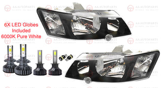 Black Headlights Pair + Full Set LED Globes For Holden Commodore VY SS SV6 SV8