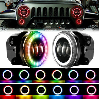 2x 4inch Round LED Fog Lights RGB Halo Driving Lamp For Jeep Wrangler JK 2007-2017
