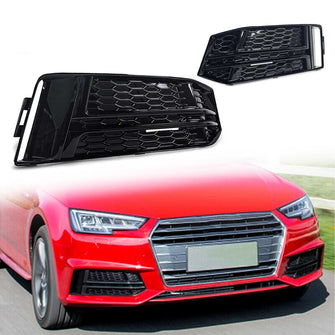 Pair Front Bumper Fog Light Grille Covers For Audi A4 S-Line / S4 2017-2019 Gloss Black