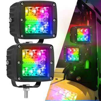 Pair 3" RGB Chase LED Cube Work Light Bar Music Halo 6500k Wireless Bluetooth 4WD