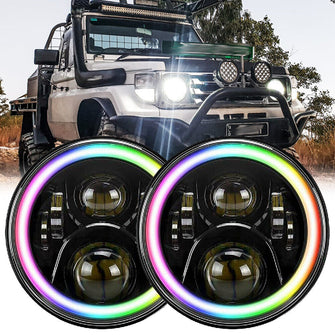 Pair 7" LED Headlights RGB Halo DRL for Toyota Landcruiser HZJ75 78 79 Series