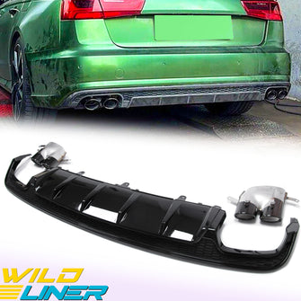 S6 Look Rear Diffuser + Black Exhaust Tips For AUDI A6 C7.5 Sedan S-Line 2016-2018 di130