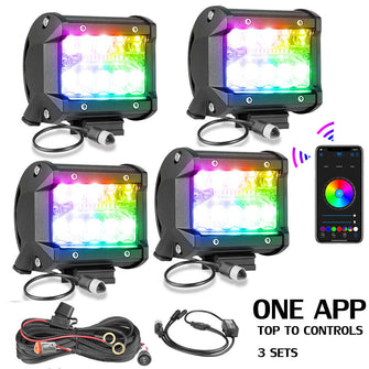 4pcs 4" RGB Chase LED Pods Work Light Bar Music APP Bluetooth Off Road UTV 4WD 12V