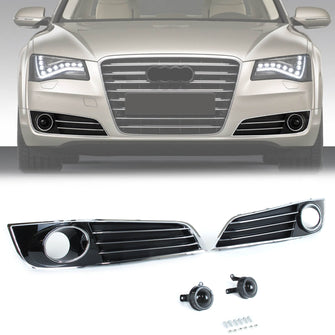 Black+Chrome Fog Light Grille Covers Left+Right Audi A8 D4 2011-2014
