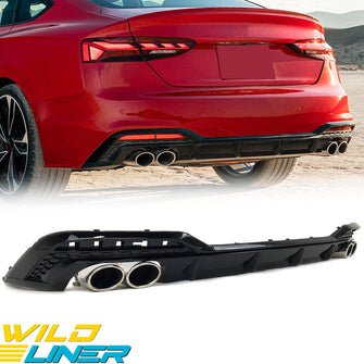 Gloss Black Rear Diffuser w/ Chrome Twin Exhaust Tips for Audi A5 S-line 2020-2023