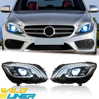 Maybach Style LED Headlights For 2015-2021 Mercedes C-Class W205 W/Blue DRL